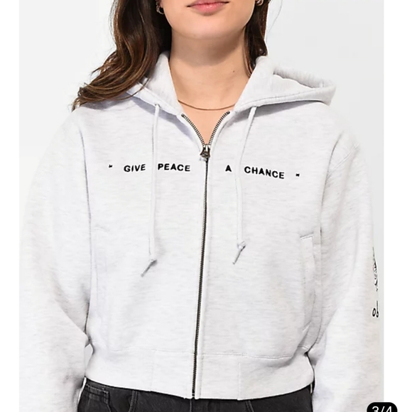 Obey Axel Give Peace Grey Crop Zip Hoodie Graphic Embroidered Edgy Sz Small - Picture 2 of 11